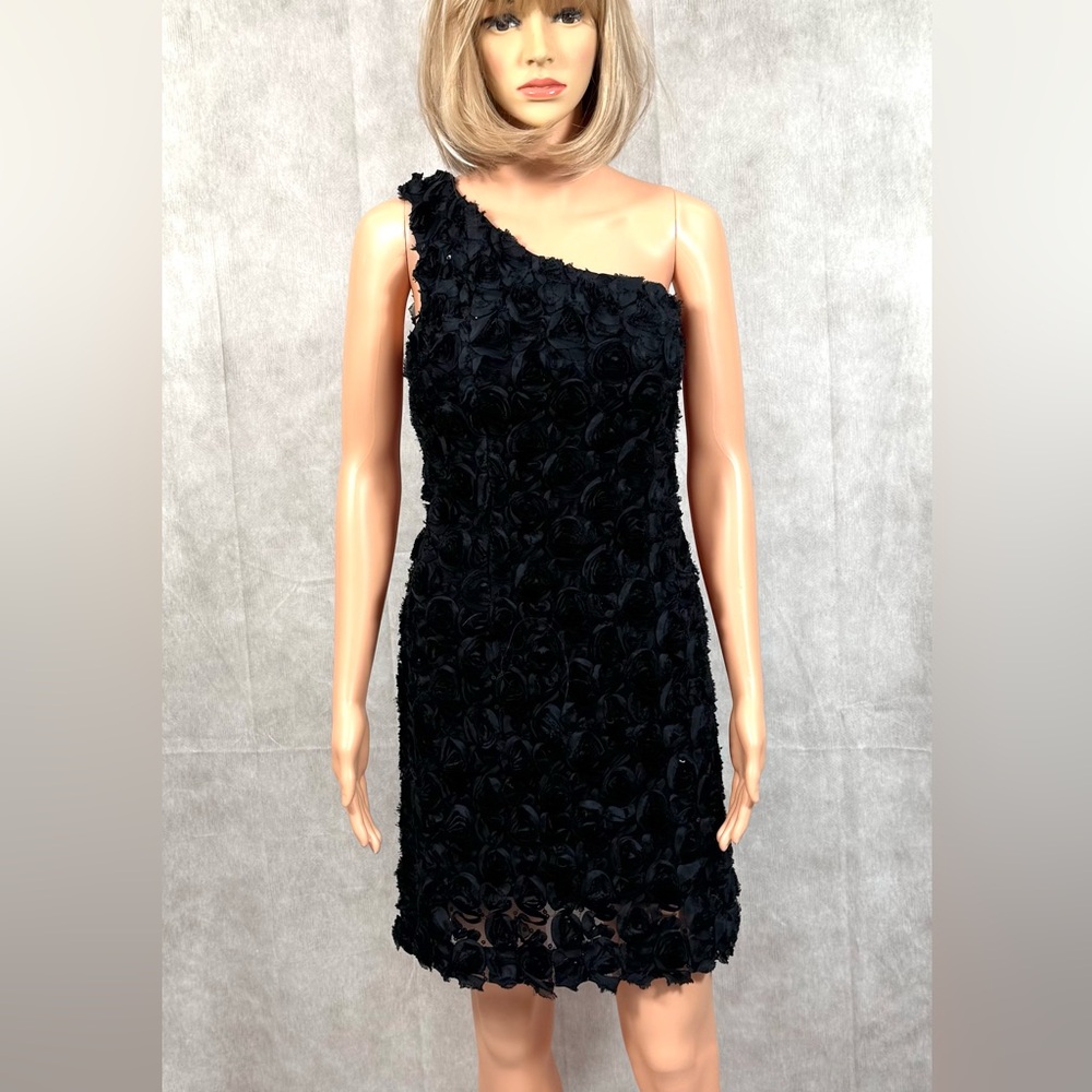 NWT - ABS Allen Schwartz Black One-Shoulder Scalloped Cocktail Dress